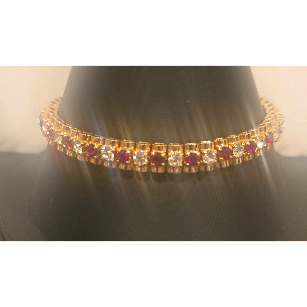 Vintage MONET Tennis Bracelet Gold Tone Red Ruby Clear Rhinestone Crystal Signed